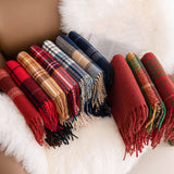 Retro Soft Wool Checkered Fringed Winter Scarf MK2BLW6W6NSW122: 1 Blue / 37*200cm