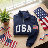 Embroidered USA Quarter Zip Sweatshirt, America Flag Sweater: Classic Navy / 2XL