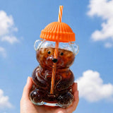Cute Bear Shaped Glass Drink Cup With Straw: Red