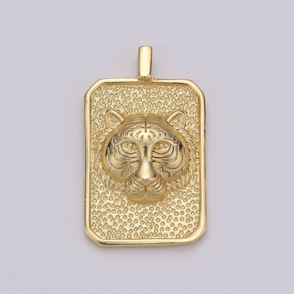 Gold Tag Tiger Charm Gold Filled Medallion, Tiger King Pendant Animal Necklace Charm for Statement Necklace Component Men Unisex Jewelry J-024