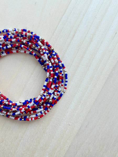 Game Day Bracelets Seed Bead Gold Filled Stretch Bracelets : Red White Cobalt Blue / Gold Filled