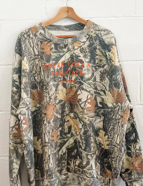 NEVER LOST A TAILGATE WOODLAND CAMO CREW