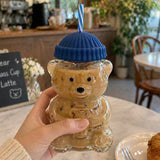 Cute Bear Shaped Glass Drink Cup With Straw: Green