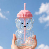 Cute Bear Shaped Glass Drink Cup With Straw: Red