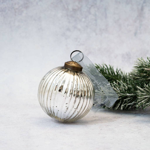 3" Silver Glass Ribbed Ball Decoration