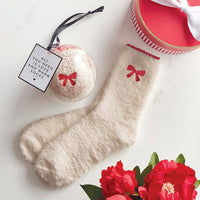 Cozy Socks in Ornament - Blush with Red Bow: 100% Polyester / One Size Fits Most