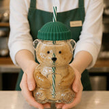 Cute Bear Shaped Glass Drink Cup With Straw: Blue