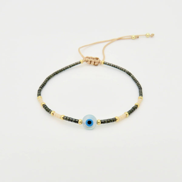 Evil Eye Dainty Miyuki Bracelet: Charcoal